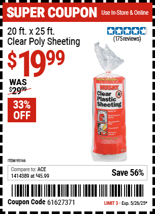 Harbor Freight Coupons, HF Coupons, 20% off - 20 Ft. X 25 Ft. Clear Poly Sheeting
