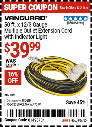 Harbor Freight Coupons, HF Coupons, 20% off - 12 Gauge X 50ft Multi-outlet Extension Cord With Indicator Light