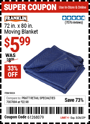 Harbor Freight Coupons, HF Coupons, 20% off - FRANKLIN 72 in. x 80 in. Moving Blanket 