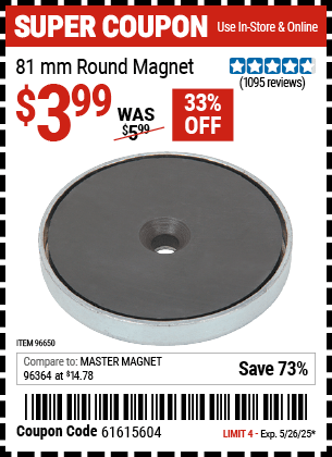 Harbor Freight Coupons, HF Coupons, 20% off - 81mm Round Magnet