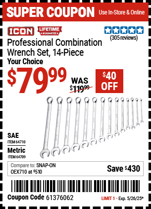 Harbor Freight Coupons, HF Coupons, 20% off - ICON 14 Pc Professional Combination Wrench Set for $99.99