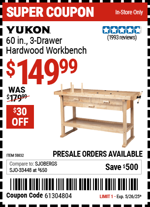 Harbor Freight Coupons, HF Coupons, 20% off - YUKON 60 in. 3-Drawer Hardwood Workbench for $139.99