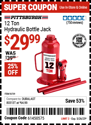 Harbor Freight Coupons, HF Coupons, 20% off - PITTSBURGH 12 Ton Hydraulic Bottle Jack for $29.99