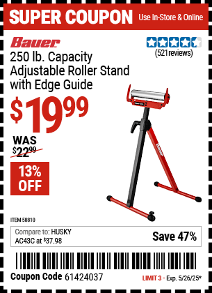 Harbor Freight Coupons, HF Coupons, 20% off - BAUER Adjustable Roller Stand with Edge Guide 