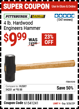 Harbor Freight Coupons, HF Coupons, 20% off - 4 Lb. Hickory Engineer's Hammer