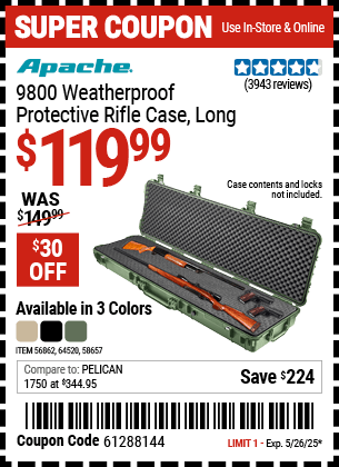 Harbor Freight Coupons, HF Coupons, 20% off - APACHE 9800 Weatherproof Protective Rifle Case for $114.99