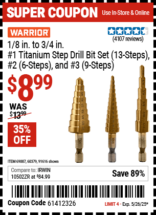 Harbor Freight Coupons, HF Coupons, 20% off - 3 Piece Titanium High Speed Steel Step Bits