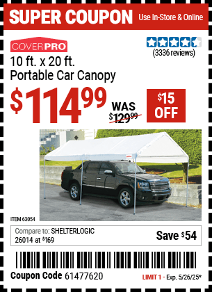 Harbor Freight Coupons, HF Coupons, 20% off - 10 Ft X 20 Ft Car Canopy