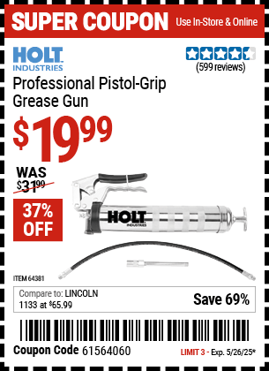 Harbor Freight Coupons, HF Coupons, 20% off - Holt Professional Pistol Grip Grease Gun
