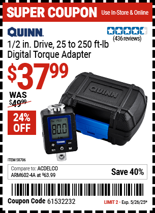 Harbor Freight Coupons, HF Coupons, 20% off - QUINN 1/2 in. Drive Digital Torque Adapter for $39.99