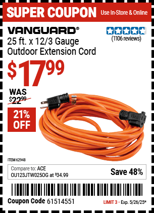 Harbor Freight Coupons, HF Coupons, 20% off - 25 ft. x 12 Gauge Outdoor Extension Cord
