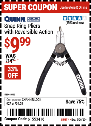 Harbor Freight Coupons, HF Coupons, 20% off - Snap Ring Pliers With Reversible Action