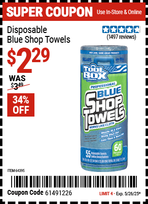 Harbor Freight Coupons, HF Coupons, 20% off - Disposable Blue Shop Towels