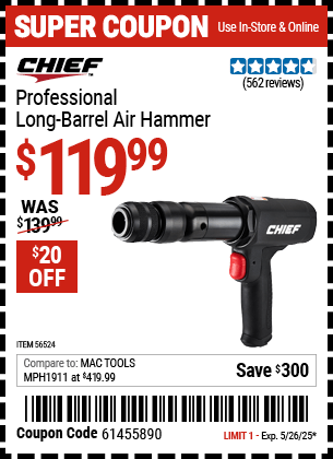 Harbor Freight Coupons, HF Coupons, 20% off - Professional Long Barrel Air Hammer