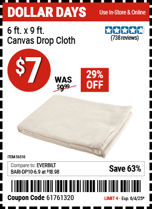 Harbor Freight Coupons, HF Coupons, 20% off - 6 x 9  Canvas Drop Cloth