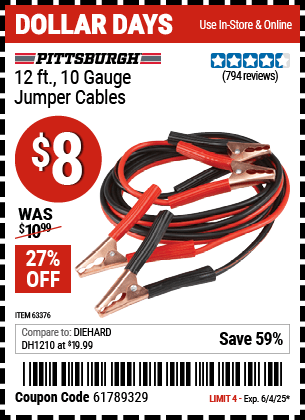 Harbor Freight Coupons, HF Coupons, 20% off - 12 Ft., 10 Gauge Booster Cables