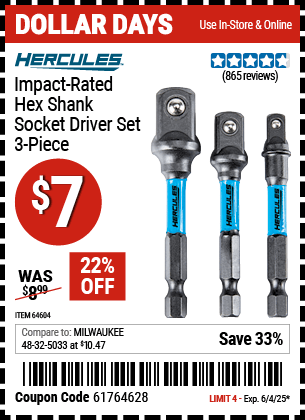 Harbor Freight Coupons, HF Coupons, 20% off - Hercules 3 Piece Impact Rated Hex Drill Socket Driver Set