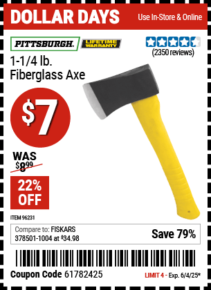 Harbor Freight Coupons, HF Coupons, 20% off - 1-1/4 Lb. Axe With 11-1/2