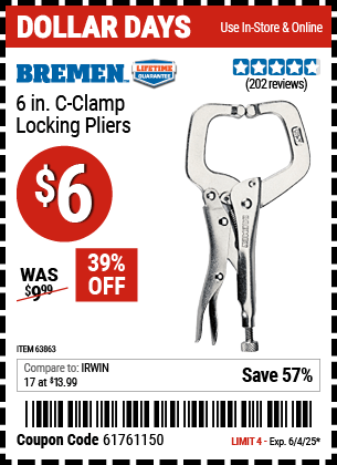 Harbor Freight Coupons, HF Coupons, 20% off - 6 in. C-Clamp Locking Pliers