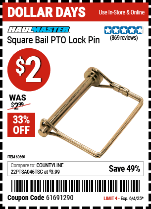 Harbor Freight Coupons, HF Coupons, 20% off - Square Bail Pto Lock Pin