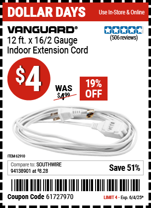 Harbor Freight Coupons, HF Coupons, 20% off - 12 Ft. X 16 Gauge Indoor Extension Cord