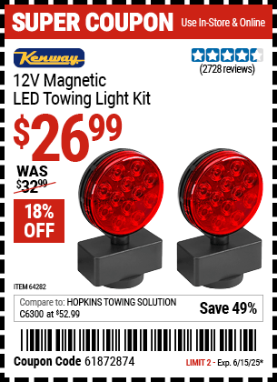 Harbor Freight Coupons, HF Coupons, 20% off - 12 Volt Led Magnetic Towing Light Kit