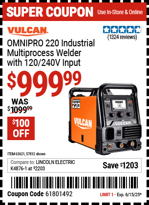 Harbor Freight Coupons, HF Coupons, 20% off - Vulcan Omnipro 220 Multiprocess Welder With 120/240 Volt Input