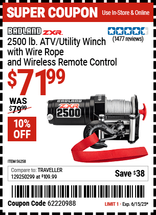 Harbor Freight Coupons, HF Coupons, 20% off - BADLAND 2500 Lb. ATV/Utility Electric Winch With Wireless Remote Control for $79.99