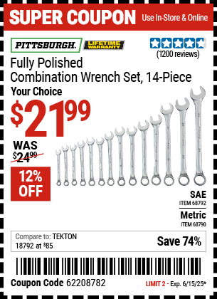Harbor Freight Coupons, HF Coupons, 20% off - 14 Piece Fully Polished Combination Wrench Sets