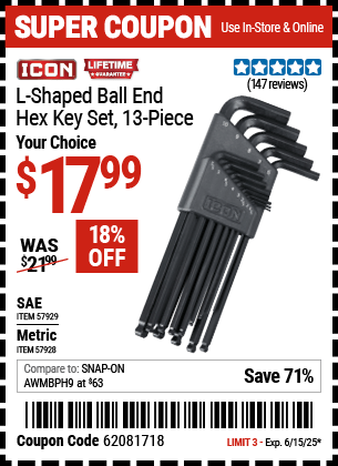 Harbor Freight Coupons, HF Coupons, 20% off - ICON Metric L-Shaped Ball End Hex Key Set, 13 Pc. for $14.99