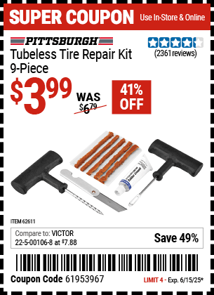 Harbor Freight Coupons, HF Coupons, 20% off - PITTSBURGH AUTOMOTIVE Tubeless Tire Repair Kit 