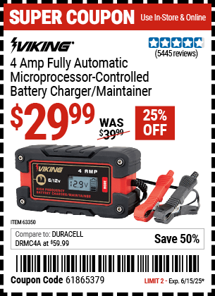 Harbor Freight Coupons, HF Coupons, 20% off - 4 Amp Fully Automatic Microprocessor Controlled Battery Charger/maintainer