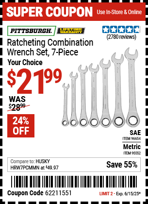 Harbor Freight Coupons, HF Coupons, 20% off - 7 Piece Combination Ratcheting Wrench Set