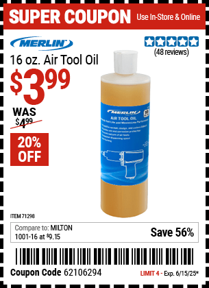 Harbor Freight Coupons, HF Coupons, 20% off - MERLIN 16 oz. Air Tool Oil for $3.99