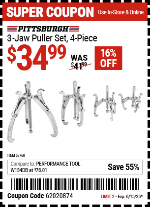Harbor Freight Coupons, HF Coupons, 20% off - Three-jaw Puller 4 Piece Set