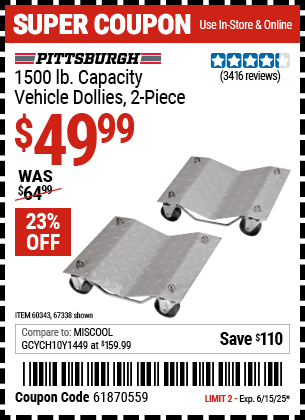 Harbor Freight Coupons, HF Coupons, 20% off - 2 Piece 1500 Lb. Capacity Vehicle Wheel Dollies