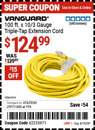Harbor Freight Coupons, HF Coupons, 20% off - 100ft X 10 Gauge Triple Tap Extension Cord