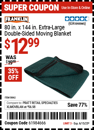 Harbor Freight Coupons, HF Coupons, 20% off - 80 in. x 144 in. Extra Large Double-Sided Moving Blanket