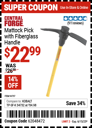 Harbor Freight Coupons, HF Coupons, 20% off - Mattock Pick With Fiberglass Handle