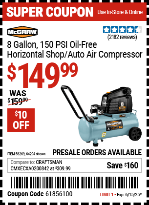 Harbor Freight Coupons, HF Coupons, 20% off - Mcgraw 150 Psi, 8 Gallon, 1.5 Hp Horizontal Compressor