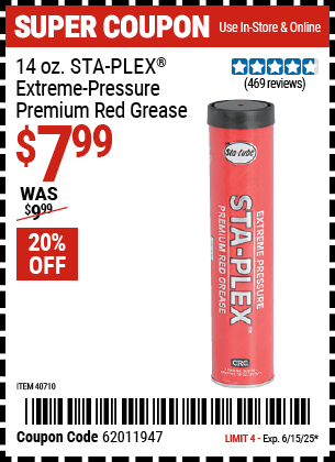Harbor Freight Coupons, HF Coupons, 20% off - 14 Oz. Sta-lube Sta-plex Extreme Pressure Premium Red Grease