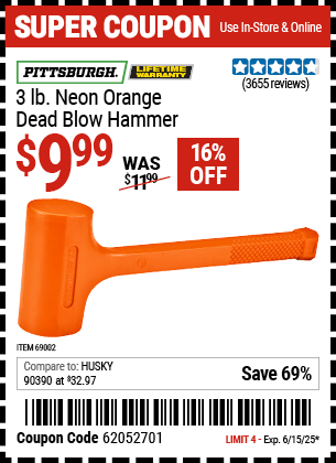 Harbor Freight Coupons, HF Coupons, 20% off - 3 Lb. Neon Dead Blow Hammer