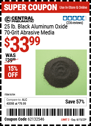 Harbor Freight Coupons, HF Coupons, 20% off - 25 Lb., 70 Grit Black Aluminum Oxide Abrasive Media