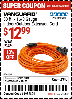 Harbor Freight Coupons, HF Coupons, 20% off - 50 Ft. X 16 Gauge Outdoor Extension Cord