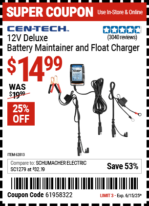 Harbor Freight Coupons, HF Coupons, 20% off - 12v Deluxe Battery Maintainer and Float Charger