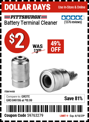 Harbor Freight Coupons, HF Coupons, 20% off - Battery Terminal Cleaner
