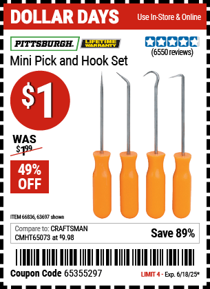 Harbor Freight Coupons, HF Coupons, 20% off - 4 Pc. Pick And Hook Set
