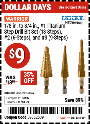Harbor Freight Coupons, HF Coupons, 20% off - 3 Piece Titanium High Speed Steel Step Bits
