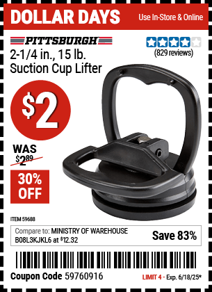 Harbor Freight Coupons, HF Coupons, 20% off - PITTSBURGH 2-1/4 in., 15 lb. Suction Cup Lifter for $1.49