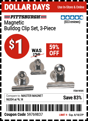 Harbor Freight Coupons, HF Coupons, 20% off - PITTSBURGH Magnetic Bulldog Clip Set, 3-Piece for $1